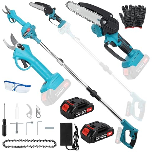 Labufiz 3-IN-1 Cordless Pole Chainsaw & Electric Pruning Shears Kit, Electric Chain Saw With 2x21V 1500mAh Battery Charger, Extension Pole For High Branches Trimming Tree Pruning Garden Yard Wood Blue