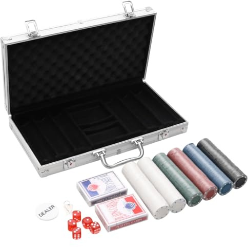 Kaloriko Pokerchips-set 300 stycken 4 g chips i flerfärgat aluminiumfodral med kortlekar tärningar dealer knapp för Texas Holdem Blackjack Roulette hemma fest fritid