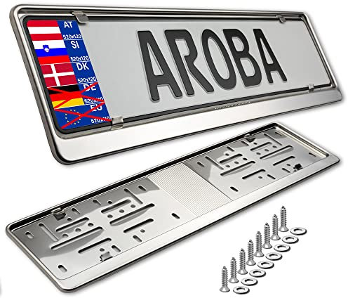 AROBA 2X Premium Auto Kennzeichenhalter 100% Edelstahl POLIERT für ÖSTERREICH SLOWENIEN (Kennzeichen der Größe 520mm x 120mm) Nummernschildhalter Kennzeichenhalterung INOX V2A Rostfreier Stahl