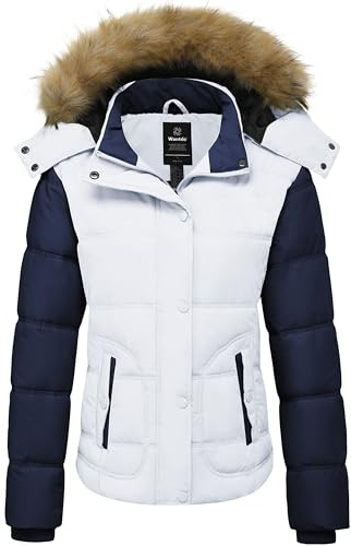 Wantdo Cappotto Donna Invernale Caldo Antivento Giubbotto Imbottito con Cappuccio Staccabile Impermeabile Giacca di Piumino Bianco L