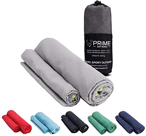 PRIME ART WOOD Mikrofaser Handtücher 2er Set Groß (200x100cm + 80x40cm), Schnelltrocknend, Saugstark, Super Weich, Reisehandtuch, Sporthandtuch, Badetuch (Grau)