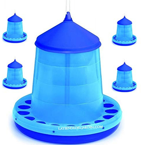 Suinga 5er Pack Futtertröge für Vögel und Hühner 2 kg | Robustes Plastik | 25x25x34 cm | Blau | Futterspender mit Anti-Verschwendung, Einfach Aufzuhängen