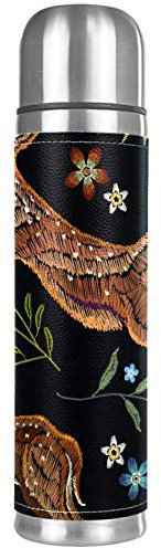 Stickerei Hirsche Wald Herbst Blätter Blumen Auslaufsicher Wasserflasche Edelstahl Vakuum Becher Isolierflasche Thermosflasche für heiße und kalte Getränke 500 ml für Büro, Schule, Reisen
