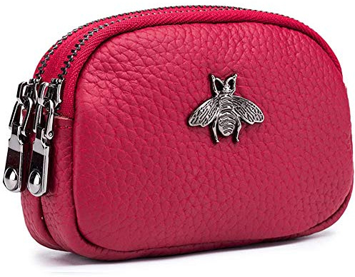 alouweekuky Monedero de Cuero Genuino para Mujer - Doble Cremallera Bolsa de Cambio de Abeja, Simple, mini PortatarjetasLindo útil para Damas (Vino Rojo)