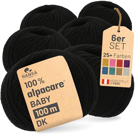 HANSA-FARM | Alpacare 100% die 1. maschinenwaschbare Baby Alpakawolle - 300 Set DK (6 x 50g) - kratzfreie Alpaka Wolle zum Stricken & Häkeln - Schwarz