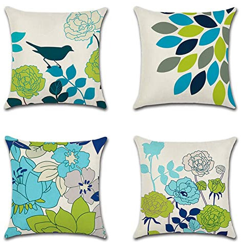 Artscope wasserdichte Kissenbezugen, 4 Stück Blau-Grüne Blumen und Vögel Kissenhülle Atmungsaktiv Kissen Fall für Outdoor Balkon Terrasse Patio Garten Bauernhaus Dekor 45 x 45cm