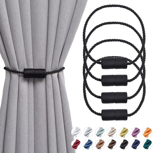 Pretty Jolly 4-pack magnetiska gardinbindningar 40 cm handgjorda vävd sida rep gardinhållare bekväm dekorativ cylindergardin draperi baktill för hem och kontor fönsterdraperi (svart)