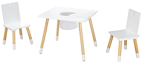 roba Barnsittgrupp av trä med förvaringsutrymme - Barnmöbel Set med 2 barnstolar & 1 bord - Barnbord Set inklusive förvaringsnät - Vit/Natur