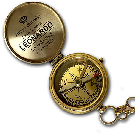 Personalisierter Kompass Messing poliert mit Wunschgravur und Ledertasche Dein Name und Text Verschiedene Designs tolle Geschenkidee Vintage (Kompass mit Ledertasche)