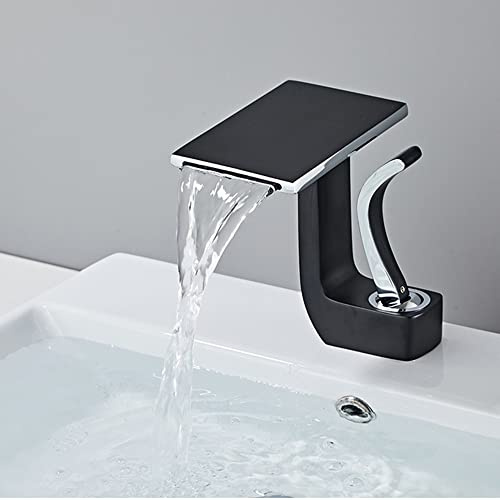 SJQKA Wasserfall Wasserhahn Bad,Wasserfall Waschtischarmatur Wasserhahn Bad Aus Erstklassigem Messing,wasserfall Einhandmischer Für Bad Badezimmer Waschbecken (Schwarz+Silber)