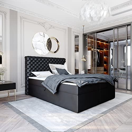 FURNISTAR Boxspringbett Doppelbett EXFORD - 180x200cm Bett mit Bonellmatratze, mit Bettkasten für Bettwäsche und Topper. EIN Bett mit einem klassischen Chesterfield-Kopfteil. (Magic 2219, 180x200)