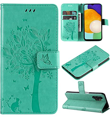 Fatcatparadise Kompatibel mit Samsung Galaxy A04S /A13 5G Hülle, Handyhülle Samsung A04S /A13 5G, Prägung Muster Schutzhülle PU Leder Wallet Case Klappbar Flip Hülle Brieftasche Ledertasche (Grün)