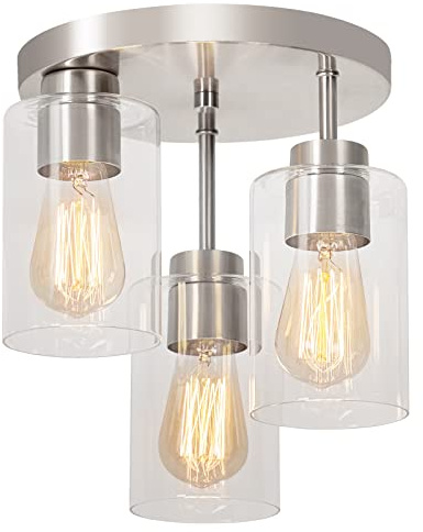 foucasal Semi Flush Mount Ceiling Light 3-Light Brushed Nickel Flush Mount Ceiling Light Fixtures with Clear Glass Shade, Modern Kitchen Ceiling Light for Bedroom Stairs Porch Hallway Entryway