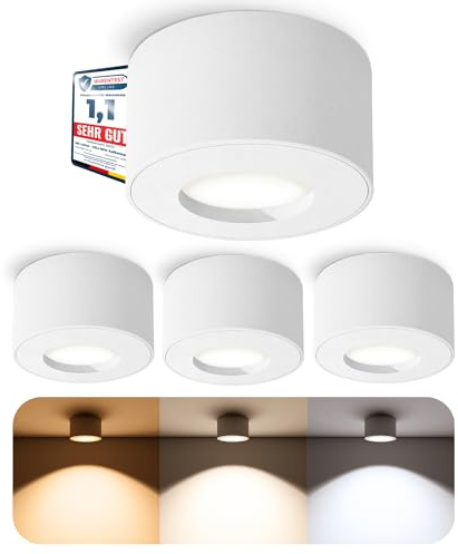 SSC-LUXon CELI-1 Aufbauspot 4er Set weiß rund IP44 5W warmweiß Bad | Vier Bad-Aufbaustrahler weiß rund IP44 - warmweiß, inkl. LED-Modul 5W, für Bad & Außen, ohne Trafo, nur 5cm hoch