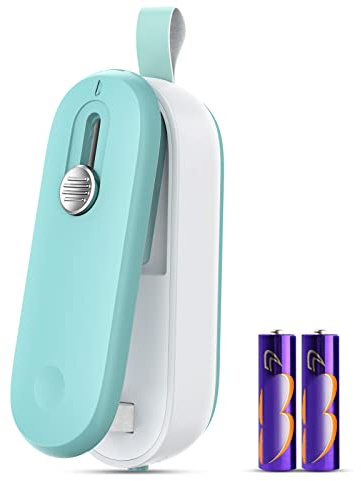 FEPPO Mini Bag Sealer, 2 in 1 Bag Sealer Heat Seal with Cutter and with Lanyard, Mini Bag Resealer Machine for Plastic Bags Snack Bags Food Storage (Batteries Included)