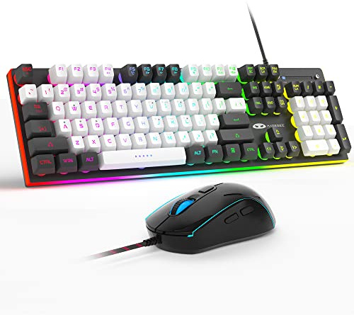 MageGee Tastiera e mouse da gioco, tastiera da ufficio con membrana retroilluminata True RGB, pannello metallico a 104 tasti, tastiera cablata silenziosa USB per PC portatili Windows, bianco/nero