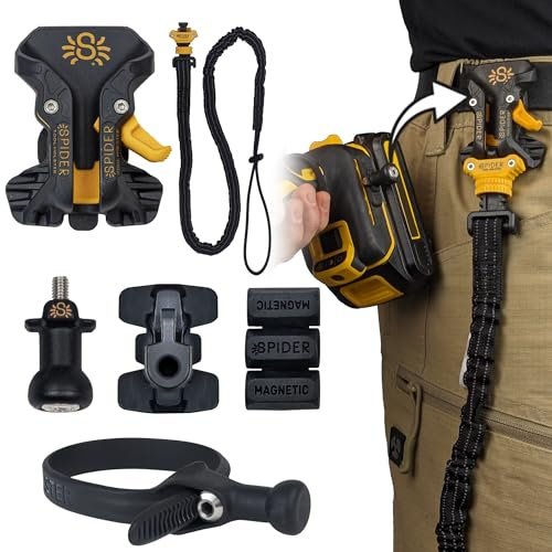 Spider Pro Holster + Fall Prevention Tether + Pro Grip + Drill Pin + Adhesive Tab - Upgraded, Belt Mounted, Self Locking Holder System for Any Tool