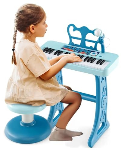 COSTWAY Set Pianoforte Digitale 37 Tasti per Bambini, Tastiera Elettronica con Microfono Regolabile, Leggio Rimovibile,Strumento Musicale Elettronico per Bambini di 3+ Anni (Blu)