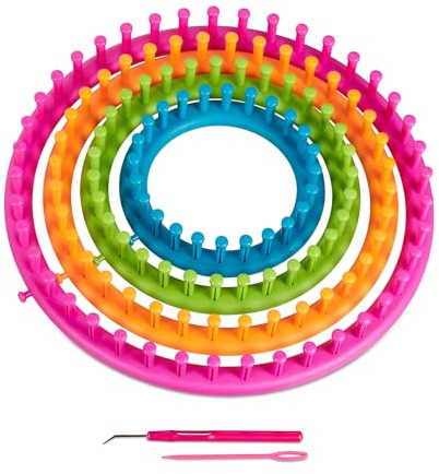 Relaxdays Set di Telai Circolari per Lavorare A Maglia, 4 Anelli Maglieria Cappello Sciarpa Ø 28, 24, 19, 14cm, Colorato
