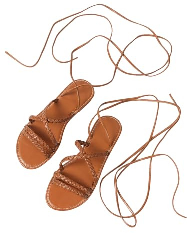 GORGLITTER Women's Rope Lace Up Sandals Tie Up Strappy Flat Sandals Gladiator Open Toe Western Slide Sandals Brown 8