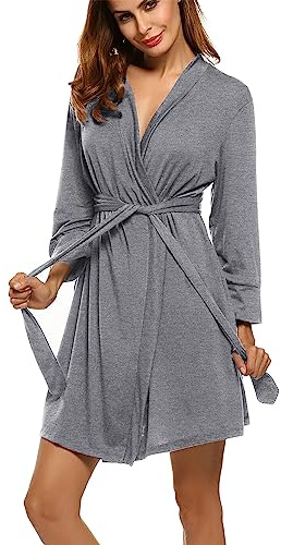 Ekouaer Dam morgonrock kort stickad badrock morgonrock damer myskläder V-ringad lätt mjuk kimono med fickor, 1-ljusgrå, XL