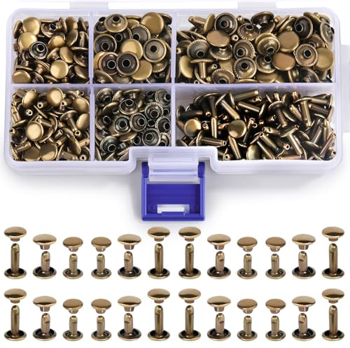 300 Sets Rivets,3 Sizes Double Round Cap Leather Rivets,Tubular Metal Studs for Leather Craft Repairs Decoration(Green Ancient Color)