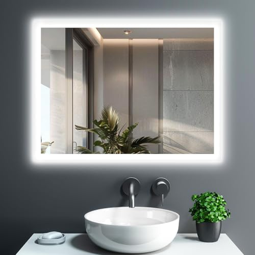 GIMBELEN Bad Spiegel mit Licht, 80 x 60 cm Badezimmerspiegel mit Beleuchtung und Tastenschalter, LED Spiegel mit Antibeschlag, 2 Lichtfarben (3000K / 6500K), Speicherfunktion, Rechteckig Wandspiegel