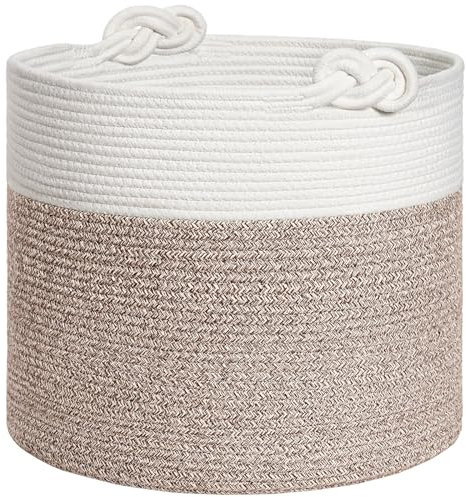 Woven Laundry Basket, Cotton Rope Basket for Blankets, Soft Blanket Storage Baskets with Handles for Living Room, Woven Toy Storage Organizer for Nursery, 38 x 36 cm, Brown