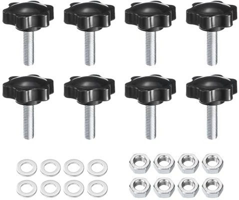 sourcing map 8pcs Star Clamping Knobs with Nuts Washers, M8 x 30mm Metric Zinc Plated Carbon Steel Male Thread 38mm 6-Star Plastic Head, Threaded Stud Hand Knobs Handles Thumb Screws, Black