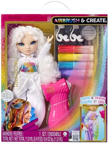 Rainbow High Air Brush & Create - 1 DIY Modepuppe mit Airbrush Market Kit, Abwaschbaren Regenbogen-Filzstiften Langen Haaren, Grauen Augen, Kreatives Spiel für Kinder von 4 bis 12+