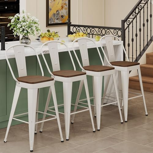 Andeworld Metal Bar Stools Set of 4,24 Counter Height with Backs,Off White
