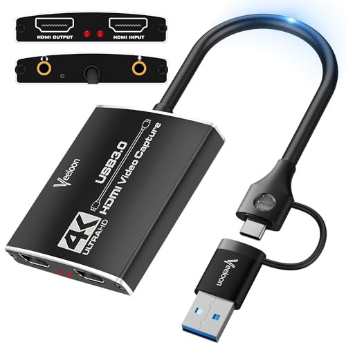 Veeloon Carte de capture audio vidéo, boucle 4K, 1080p 60 fps/2 K 30 fps, carte de capture de jeu vidéo 4K HDMI vers Type-C avec adaptateur USB 3.0, pour streaming, diffusion, fonctionne avec