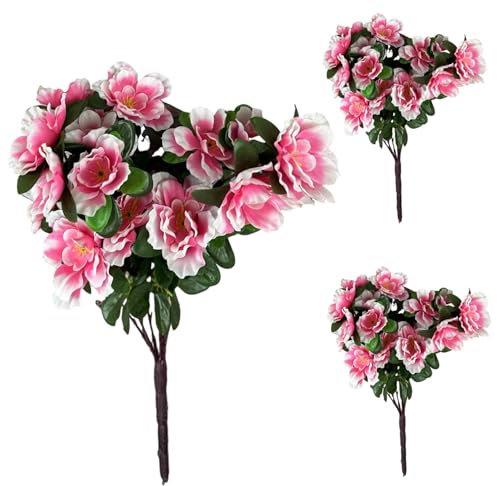 CAKEEYUM 3PCS Outdoor Artificial Flowers UV Resistant Realistic Azalea Faux Flowers 15.8 Inch Height Easy Care Faux Outdoor for Front Door Porch Decor