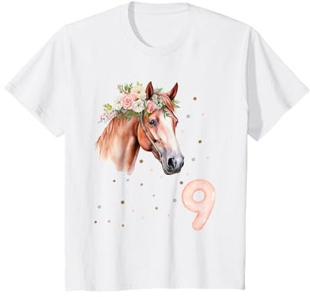 Kinder Stilvolles Pferde Design mit Blumenkranz für 9. Geburtstag T-Shirt