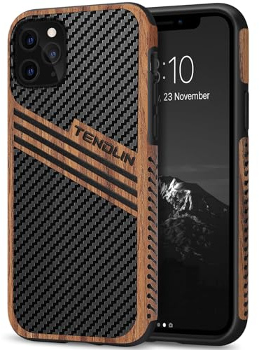TENDLIN Coque Compatible avec iPhone 11 Pro Max Etui Hybride en Bois et Carbone et Cuir Compatible avec iPhone 11 Pro Max (Stripes)