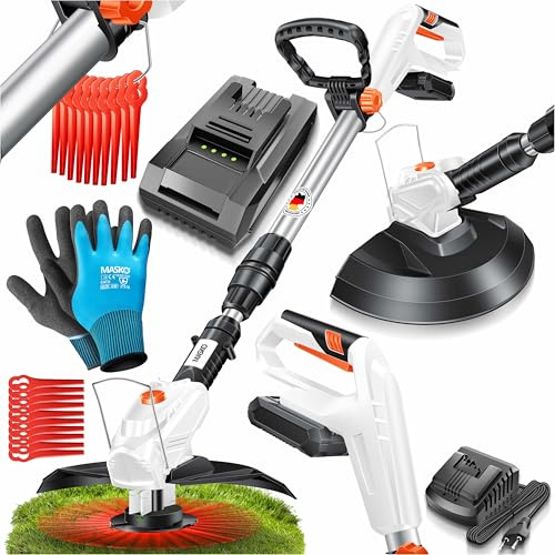 MASKO® Akku-Rasentrimmer mit 20 V Li-Ion Akku, 2,0 Ah Akku und Ladegerät, Motorsense 260mm Schnittbreite, 180° Trimmwinkel, Teleskop-Stiel & Zusatzhandgriff, inkl. 20 Nylonklinge & Handschuhe