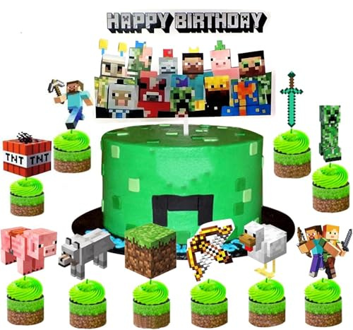 YiMinw 13 Stück Pixel Cake Topper, Miner Game Cupcake Toppers,24 Stück Cupcake Toppers Wrappers,Papier Wrapper, für Geburtstagsfeier Geburtstag Kuchendeko