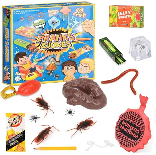 CelestiMingle 14Pcs Practical Joke Kit, Novelty Prank Item for Kids Adults, Included Whoopee Cushion, Fake Poo, Fake Roaches, Santa Gifts Haloween April Fools Novelty Practical Jokes gift Presents