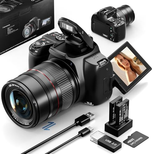 NBD Appareil Photo Numérique 4K 72MP, Zoom Optique 12X + Numérique 30X, Écran orientable 270°, WiFi/HDMI, Carte 32GB + 2 Batteries (Noir)