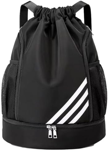 ZenithPeak Turnbeutel Wasserdicht, Sportrucksack mit Schuhfach Turnbeutel Damen mit Innentasche and Außentasche Große Sportbeutel Junge mit Kordelzug für Reisen, Fitnessstudio, Schwimmen（Schwarz）