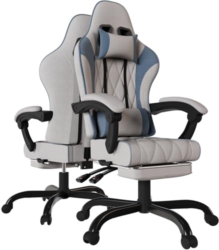 JUMMICO Gaming Stuhl Stoff mit Federpolsterung, Ergonomischer Bürostuhl mit Massager. Gaming Chair mit Kopfstütze, Fußstütze, Höhenverstellbar. Gamer Stuhl 150 kg belastbarkeit, Blau/Hellgrau