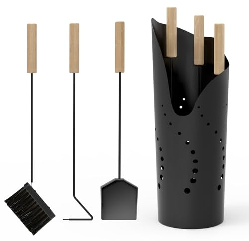 tonhui 4-teiliges Kaminbesteck Set Schwarz, Metall Ofenbesteck Kaminzubehör Set – Modernes Fireside Companion Set mit Besen, Schaufel, Schürhaken für Holzöfen