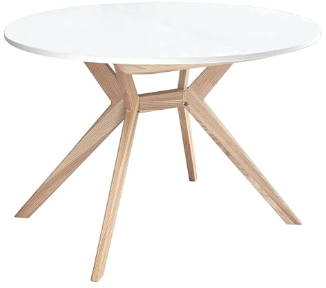 RAGABA Biju Table à manger ronde extensible 120 cm pour 6 personnes, en frêne massif et panneau MDF, peu encombrante, extensible, blanche