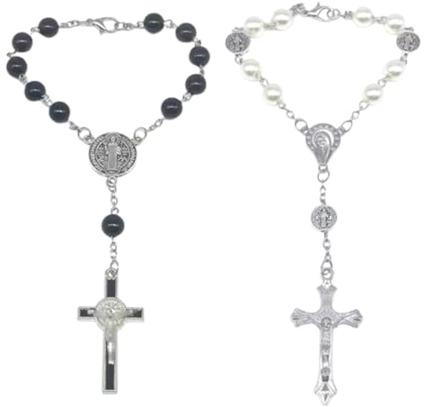 JchEnye 2-teiliges Rückspiegel-Rosenkranz-Set zum Aufhängen im Auto, Rückspiegel-Anhänger, Kreuz-Rosenkranz-Accessoire, Unisex-Innenausstattung (schwarz und weiß)