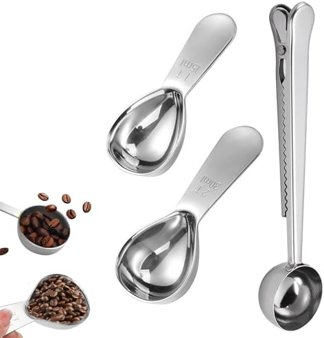 3Pcs Stainless Steel Coffee Scoops, 15ml 30ml Coffee Measuring Spoons & 15ml Coffee Scoop with Bag Clip, Handle Design for Coffee Beans, Ground Coffee, Tea, Flour, Protein Powder