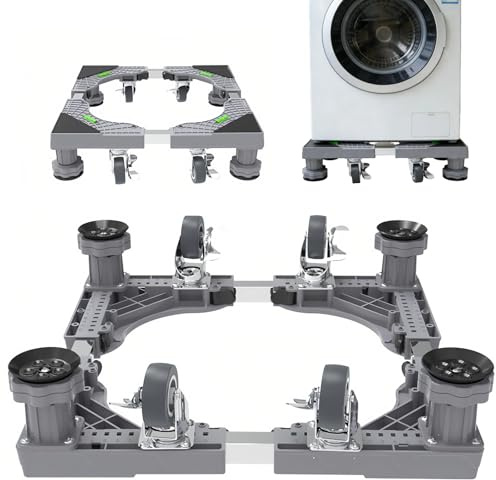 Socle Machine à Laver Robuste,Base de Réfrigérateur Machine à Laver Réglable,Support Lave Linge avec Pieds en Acier Solides & Antidérapants,Réduction du Bruit Antichoc Effet (Avec roues)