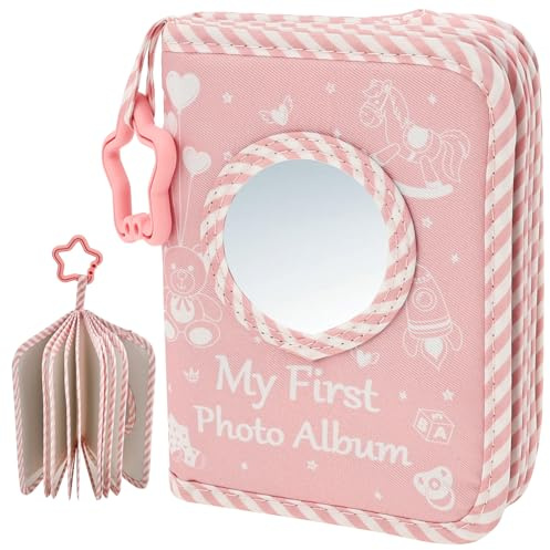 Soft Cloth Baby Photo Album My First Photo Book with Safe Mirror Holds 17pcs 4 x 6 Photos, Baby Memory Album Book Gifts for Newborn Toddler Kids BabyShower (Pink)