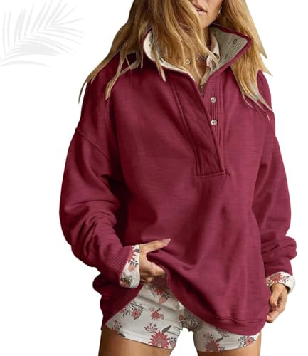 Överdimensionerad tröja för kvinnor vinter vardaglig långärmad hockneck Henley pullover topp knapp v-ringad tröja, mörkröd, XXL