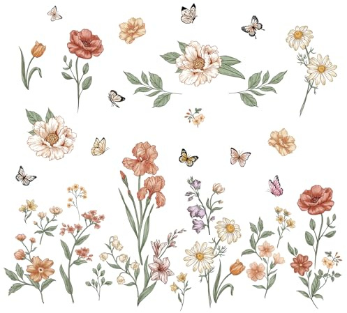 FUFUQUARE Boho Flowers Wall Stickers Peel and Stick Peony Wall Decals | Removable Elegant Garden Wildflower Butterfly DIY for Baby Girls Nursery Bedroom Living Room