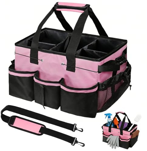 Cleaning Caddy Bag with Handle, Clean Caddy Organizer Bag with Removable Dividers, Large Multi Pocket Bucket Tool Bags, for Cleaning Supplies, Garden, Home (Pink)